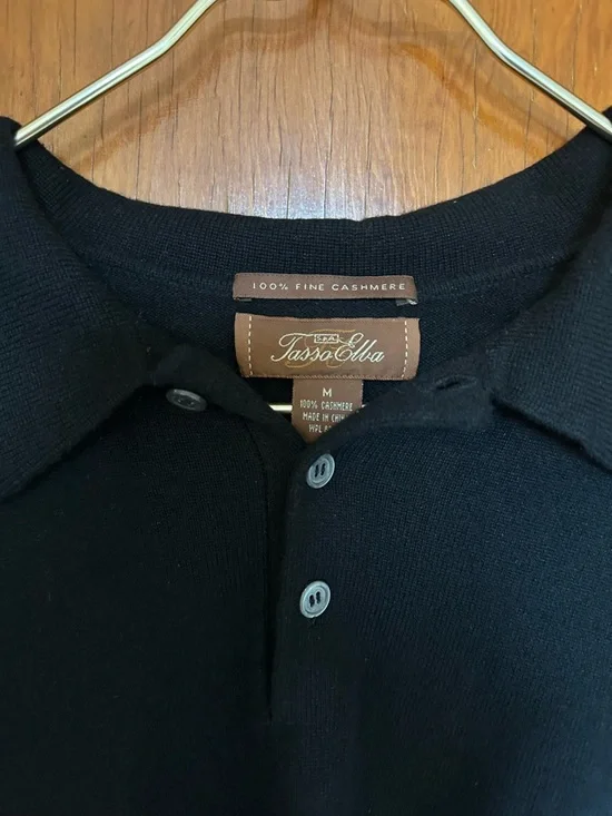 Tasso Elba Men M 100% Cashmere Pullover Sweater Black Long Sleeve Collar Button - Picture 2 of 4